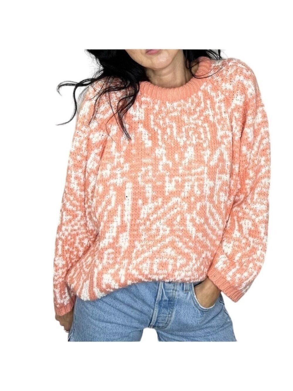 Vintage coral white chunky knit oversized crew neck pullover sweater L